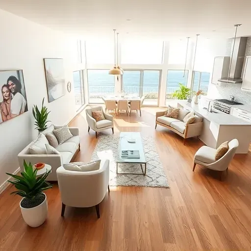 Contemporary open-concept living space in Solana Beach with bright hardwood floors and serene coastal views.