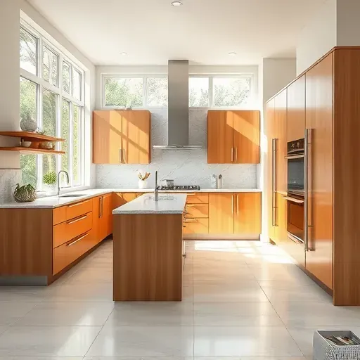 Renovated Twin Oaks Valley California kitchen with modern wood cabinetry granite island stainless steel appliances and natural lighting