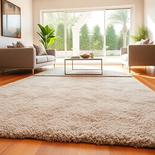 Freshly installed plush carpet in a modern living room with sunlight, seamless hardwood transition, and stylish interior decor