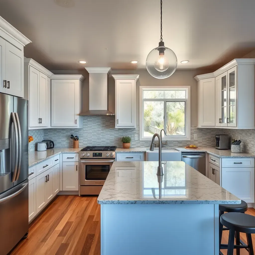 Detailed kitchen remodeling in Deer Springs, CA with modern cabinets, marble countertops, and stylish lighting.