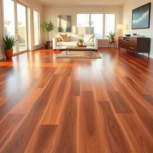 Newly installed hardwood flooring in a modern, sunlit Vista living room with minimalist decor and rich wood tones