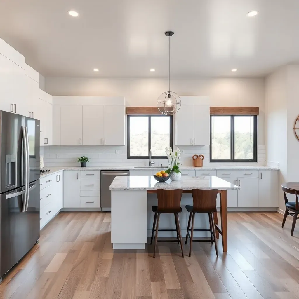 Modern remodeled kitchen in Black Mountain Ranch, CA with quartz countertops, dark wood cabinets, large windows, and a central island.