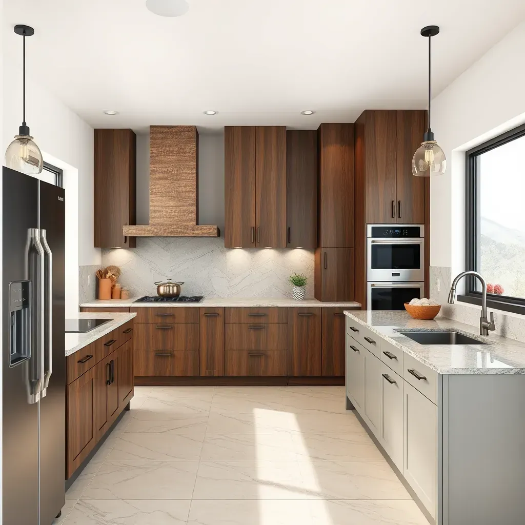 Modern Sabre Springs kitchen with oak cabinets, quartz island, stainless appliances, hardwood floors, and natural light.
