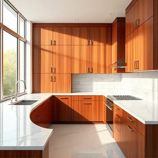 Freshly installed polished cherry wood custom cabinets in a modern kitchen with marble countertops and stainless steel appliances
