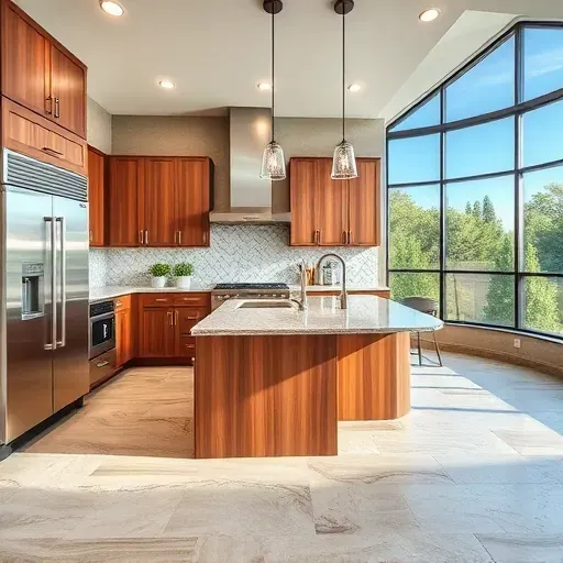 Renovated Bonsall CA kitchen with sleek countertops stainless steel appliances custom wood cabinetry island with granite surface and lush greenery view