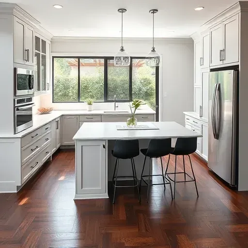 Kitchen remodel in 4S Ranch CA featuring white quartz counters, dark wood floors, gray shaker cabinets, and a marble island.