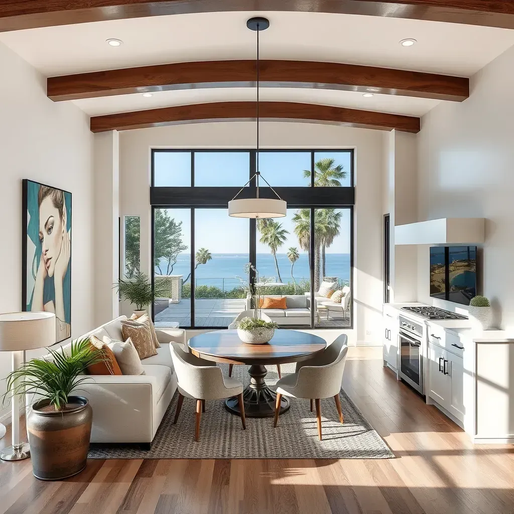 Detailed rendering of a home remodeling in Del Mar, CA featuring a coastal-style design, large windows, lush landscaping, and ocean views.
