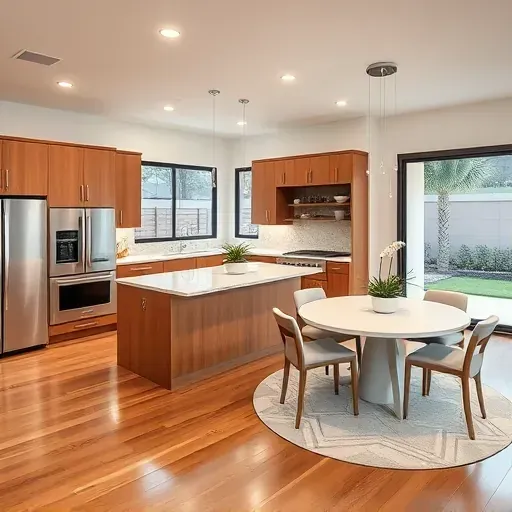 Stylish modern kitchen in 4S Ranch CA featuring wood cabinetry, marble countertops, and stainless steel appliances.