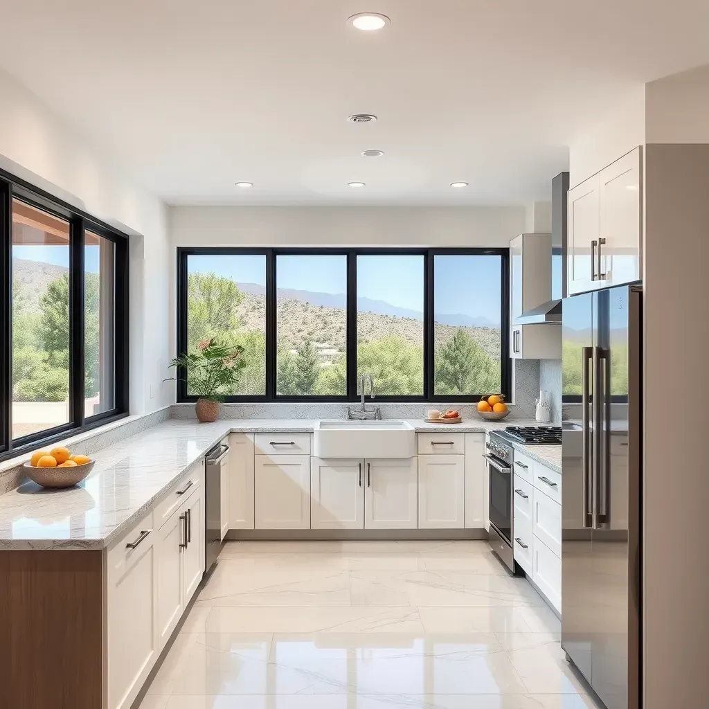 Modern kitchen remodel in Black Mountain Ranch, CA with white shaker cabinets, quartz countertops, brass accents, and stainless appliances.