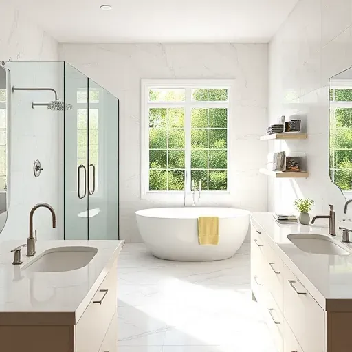 Modern renovated bathroom in Vista California with marble countertops glass shower doors freestanding tub and lush greenery view