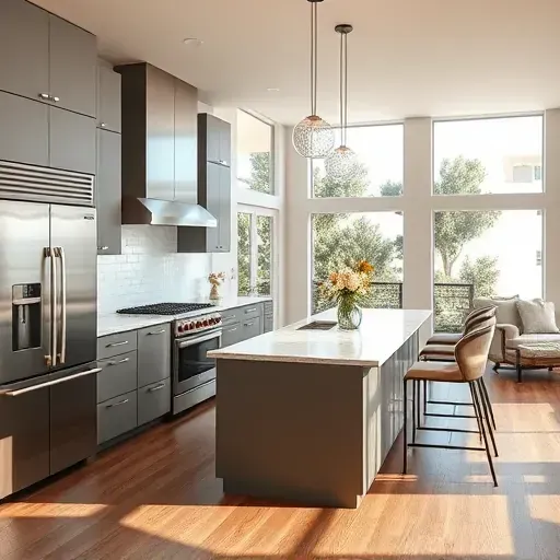 Remodeled Carlsbad kitchen with matte modern cabinets stainless steel appliances marble island large windows coastal greenery