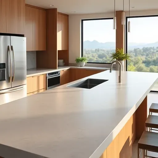 Modern upscale kitchen with a seamless concrete countertop, natural wood cabinets stainless steel appliances and scenic Vista California view