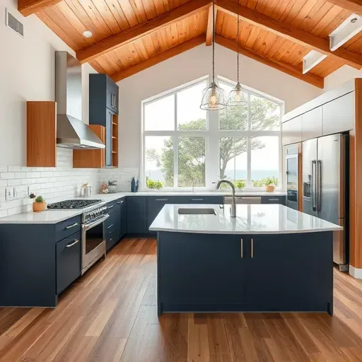 Remodeled kitchen in Cardiff-by-the-Sea with quartz counters, navy cabinetry, and coastal views through large windows.