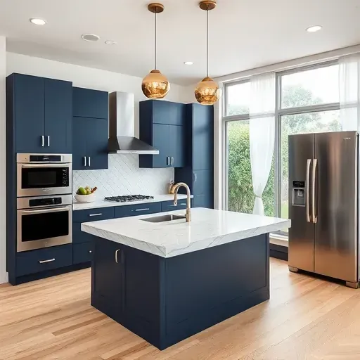 Recently remodeled Encinitas kitchen with navy blue matte cabinets, quartz island, stainless steel appliances, herringbone tile backsplash, oak floors, and garden views