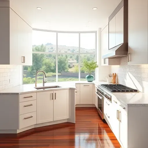 Remodeled San Elijo Hills kitchen with modern matte cabinets, marble island, high-end appliances, backsplash, hardwood floors, and scenic views