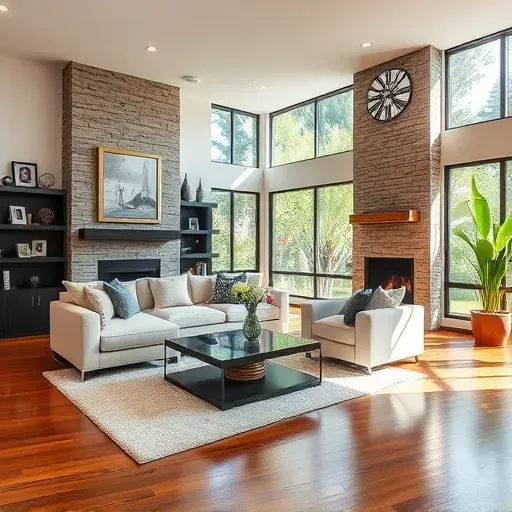 Completed home remodel in Carmel Mountain Ranch CA featuring a modern living room with stylish sectional sofa and fireplace.