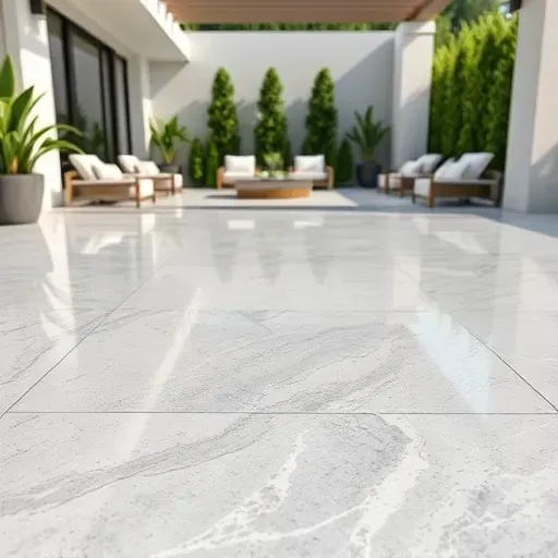 Seamless gray and white veined stone slab in outdoor patio with greenery, modern furniture, and natural daylight glow