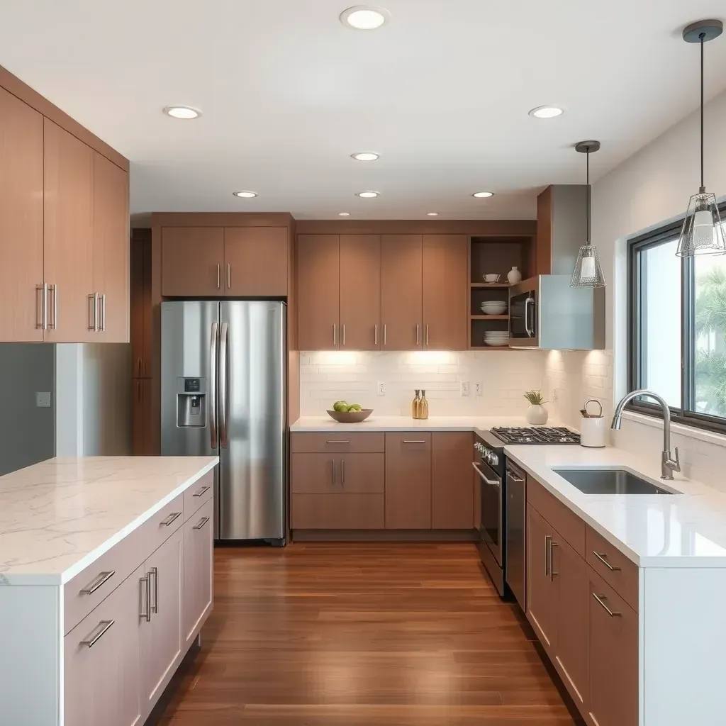 Modern San Diego kitchen with sleek white cabinetry, quartz countertops, coastal views, and stylish pendant lighting.
