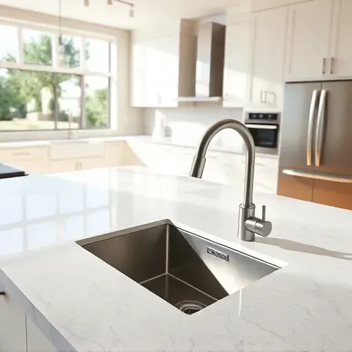 Modern kitchen with sleek gray quartz countertops, stainless steel sink, high-end faucet, minimalist cabinetry, and bright natural light
