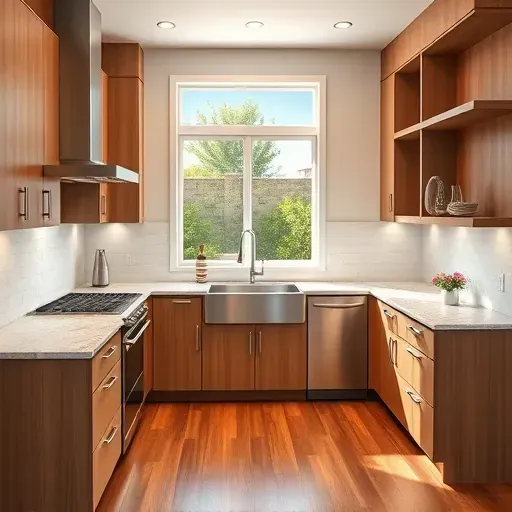 Renovated Sabre Springs kitchen with granite countertops, warm wood cabinets, stainless steel appliances, subway tile backsplash, hardwood floors, and natural light