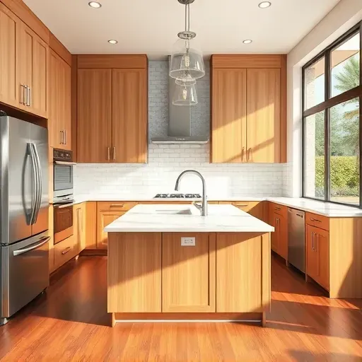 Freshly remodeled kitchen in Vista CA with modern cabinetry, stainless steel appliances, and rich hardwood flooring.