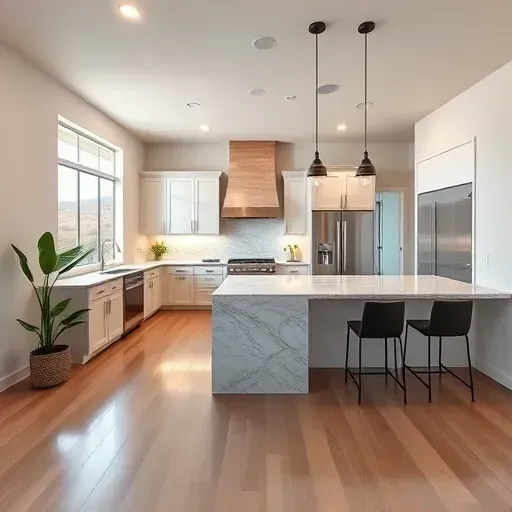 Modern kitchen remodel in Black Mountain Ranch CA features custom cabinets, stainless steel appliances, and granite island.