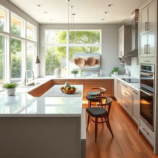 Stunning remodeled kitchen in Bonsall CA with elegant cabinetry, quartz countertops, mosaic tiles, and hickory hardwood.
