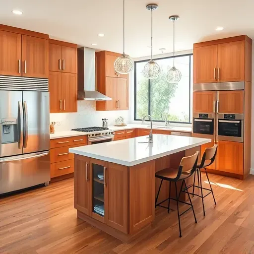 Renovated Escondido CA kitchen with modern wood cabinets stainless steel appliances quartz island pendant lights and lush outdoor view