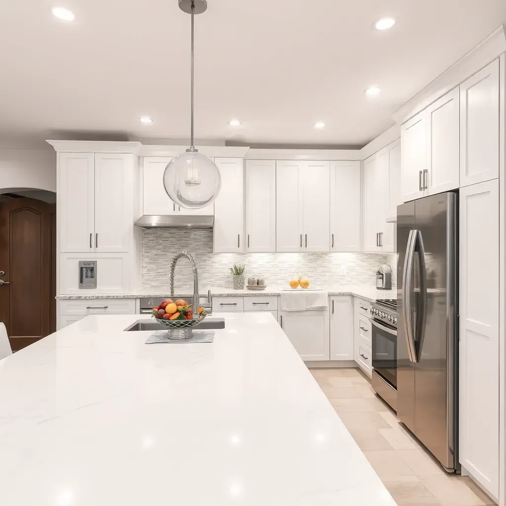 Modern Carlsbad kitchen with white cabinets, quartz countertops, stainless steel appliances, hardwood floors, and coastal sunlight.