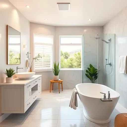 Remodeled Vista CA bathroom featuring brushed nickel fixtures, walk-in glass shower, soaking tub, quartz vanity, and coastal decor