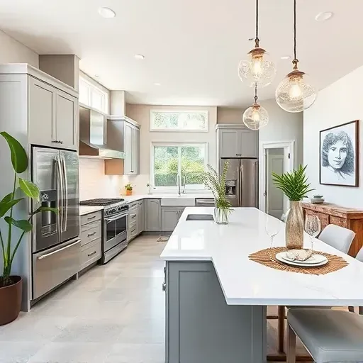 Renovated kitchen in Carmel Mountain Ranch features modern gray cabinetry, white quartz countertops, and stainless steel appliances.