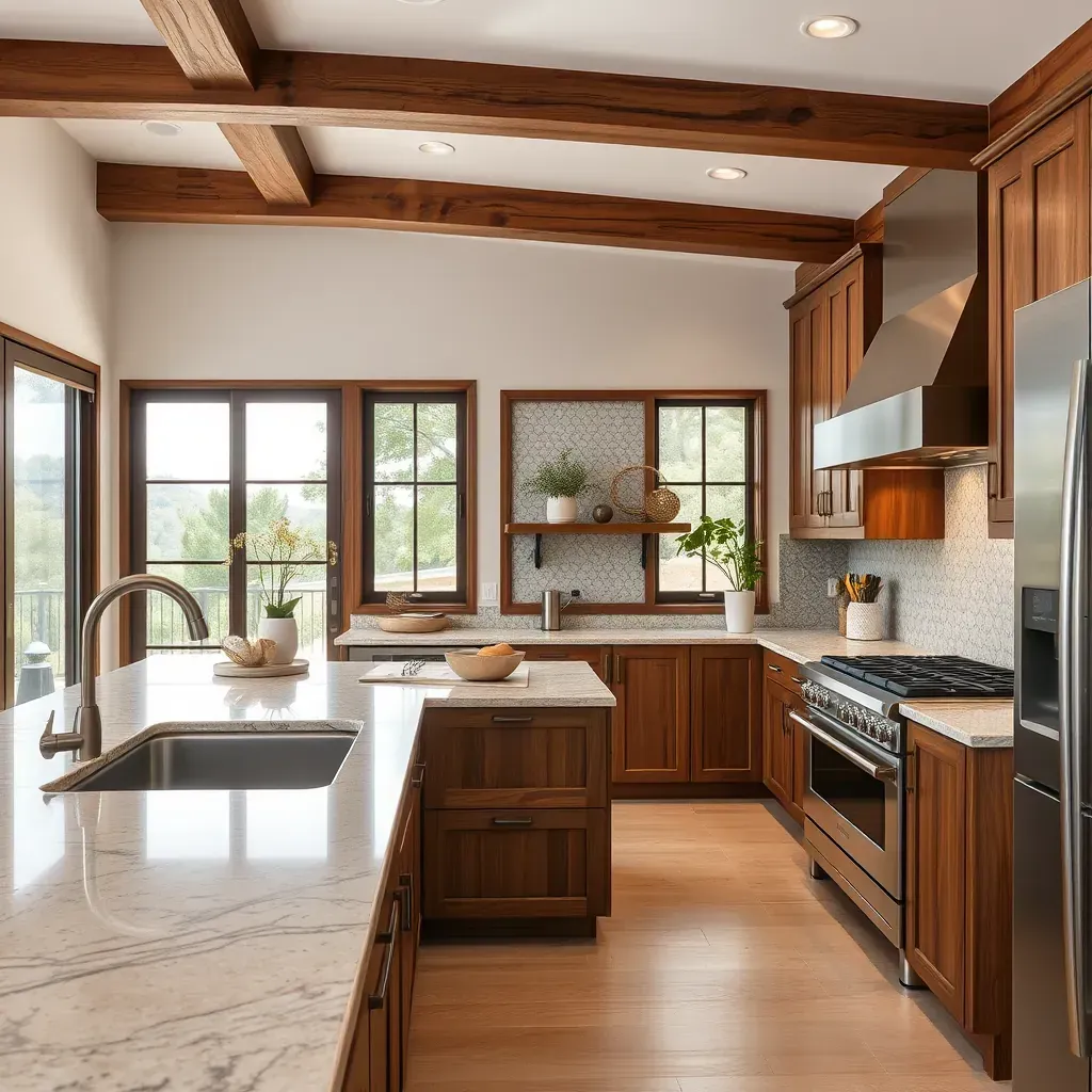 Modern Carmel Valley kitchen with panoramic vineyard views, oak flooring, and sleek cabinetry blending rustic and contemporary styles.