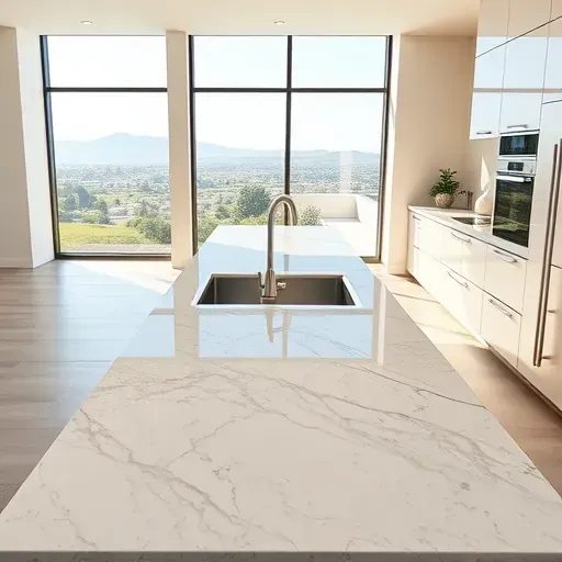 Freshly installed polished granite countertops in a modern Vista kitchen with natural light, minimal cabinetry, and scenic landscape view