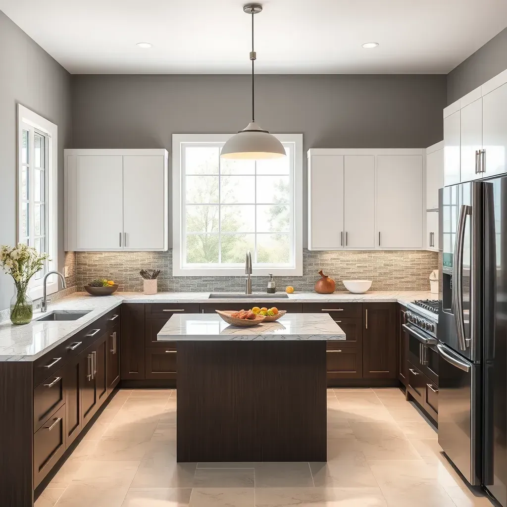 Spacious Scripps Ranch kitchen with white matte, wood cabinets, quartz countertops, island, stainless steel appliances, and natural light.