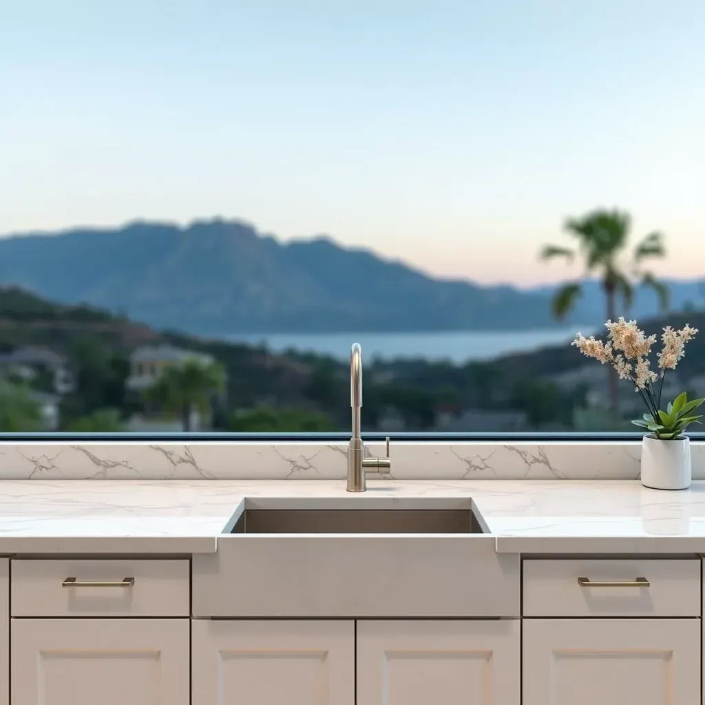Modern Vista kitchen with white quartz countertops, stainless steel appliances, wood cabinetry, and lush greenery outside.
