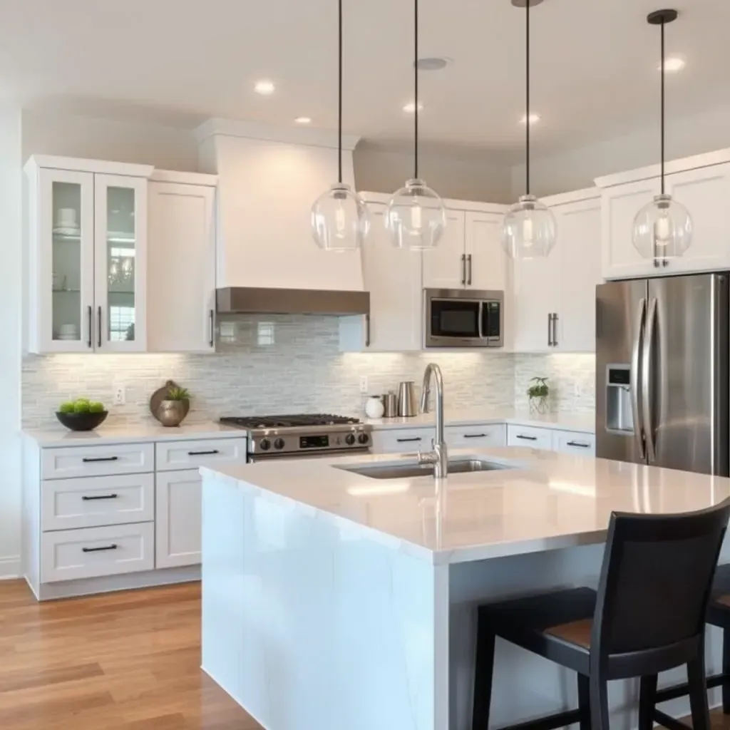 A newly remodeled Lake San Marcos, CA kitchen featuring white quartz countertops, stainless steel appliances, natural wood cabinets, and large windows with lake views.