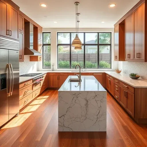 Recently remodeled kitchen in Olivenhain CA with granite countertops, stainless steel appliances, and marble island.