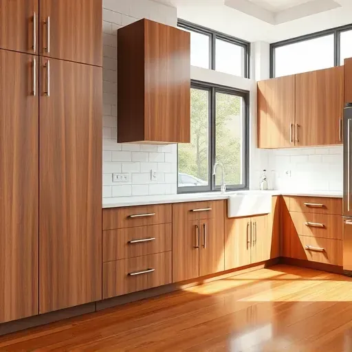 Modern Vista CA kitchen with sleek wooden cabinets, quartz countertops, stainless steel handles, and natural light.