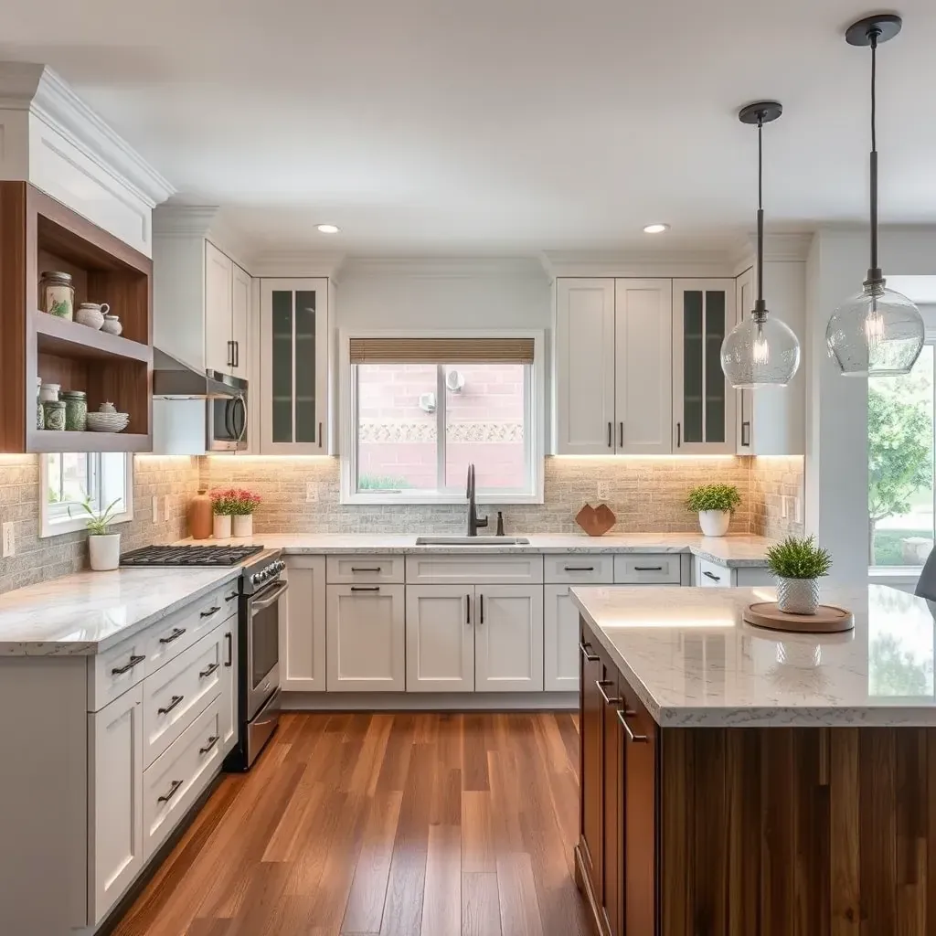Modern kitchen in Escondido, CA with sleek cabinetry, quartz countertops, black accents, and city views.