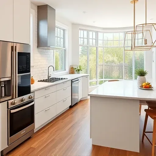 Renovated Vista California kitchen with sleek matte cabinets, stainless steel appliances, marble counters, hardwood floors, and natural light