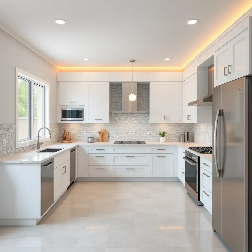 Modern kitchen in Normal Heights, CA, with navy blue cabinets, white quartz countertops, stainless steel appliances, and hardwood floors.