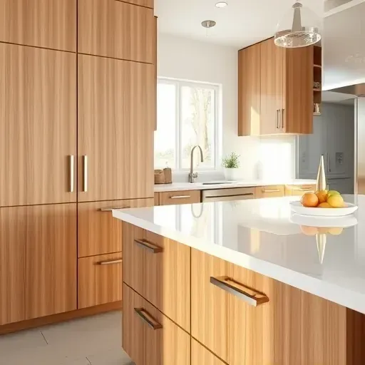 Modern kitchen with natural wood cabinets, white quartz countertop, stainless steel appliances, and bright natural lighting