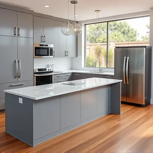 Modern Rancho Penasquitos kitchen with sleek gray cabinets, quartz island, stainless appliances, hardwood floors, and natural sunlight