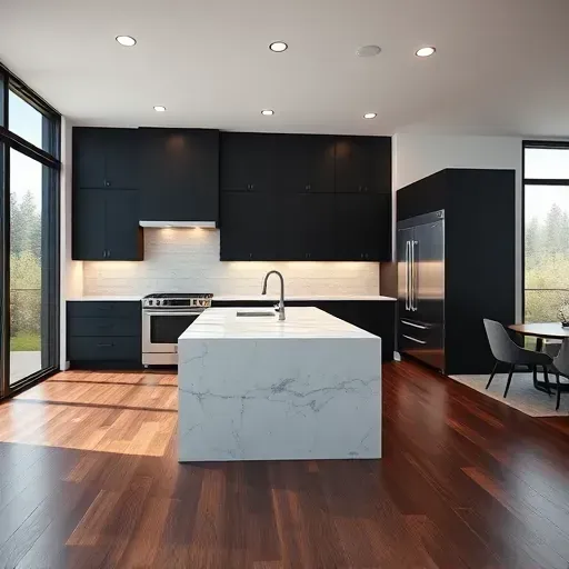 Modern black mountain ranch kitchen with matte black cabinets, white marble island, stainless steel appliances, dark hardwood floors, and large windows.
