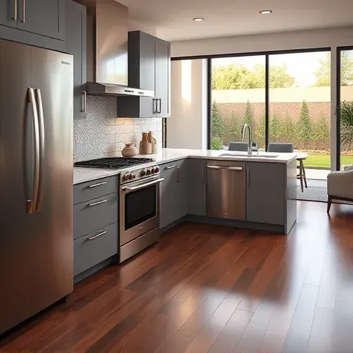 Recently remodeled modern kitchen in Escondido CA with matte gray cabinets stainless steel appliances quartz island backsplash hardwood floors and large windows.