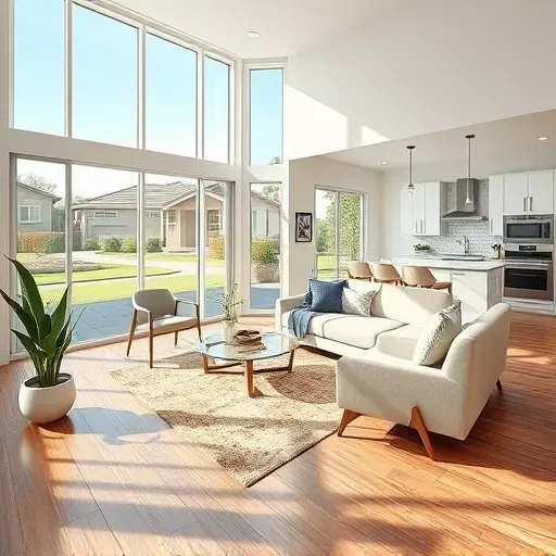 Recently remodeled modern home in Vista CA with bright living room, sleek hardwood floors, stylish kitchen, and lush neighborhood views