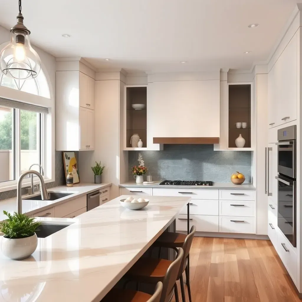 Modern Vista, CA kitchen with granite countertops, hardwood floors, stainless steel appliances, large windows, and lush scenic views.