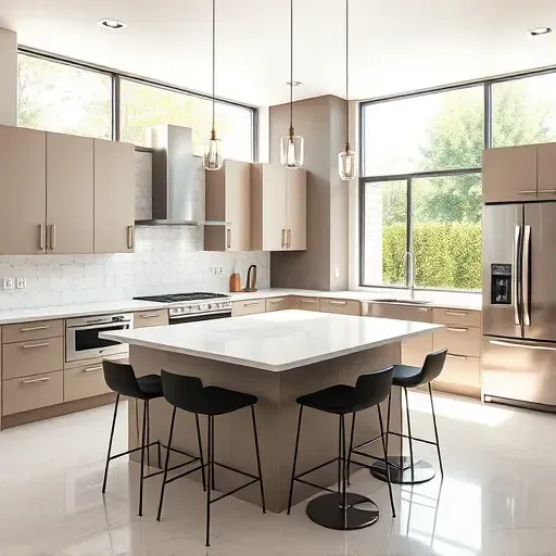 Renovated Jesmond Dene kitchen with modern cabinetry, quartz countertops, large windows, stainless steel appliances, and lush garden view