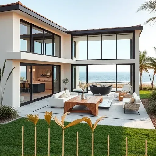 Elegant beach-style home in Del Mar with modern open-concept layout, landscaped yard and coastal decor details.