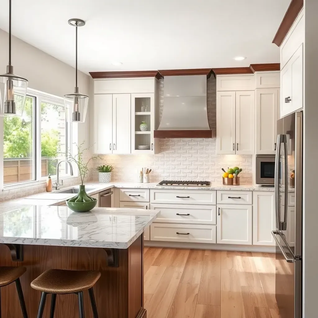 Modern Scripps Ranch kitchen with white cabinets, quartz counters, stainless appliances, hardwood floors, and natural light.